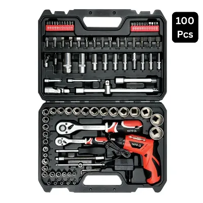 Royal Tools - مجموعة أدوات مكونة من 100 قطعة مع مفك براغي لاسلكي